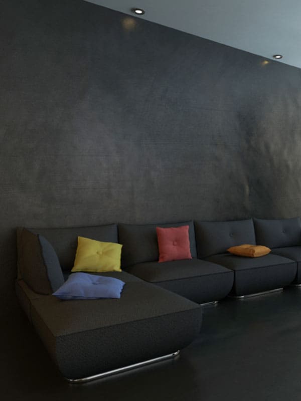 Resina a muro di marca Elekta tipologia Monocroma Strutturato di colore nero installato sulla parete di un soggiorno